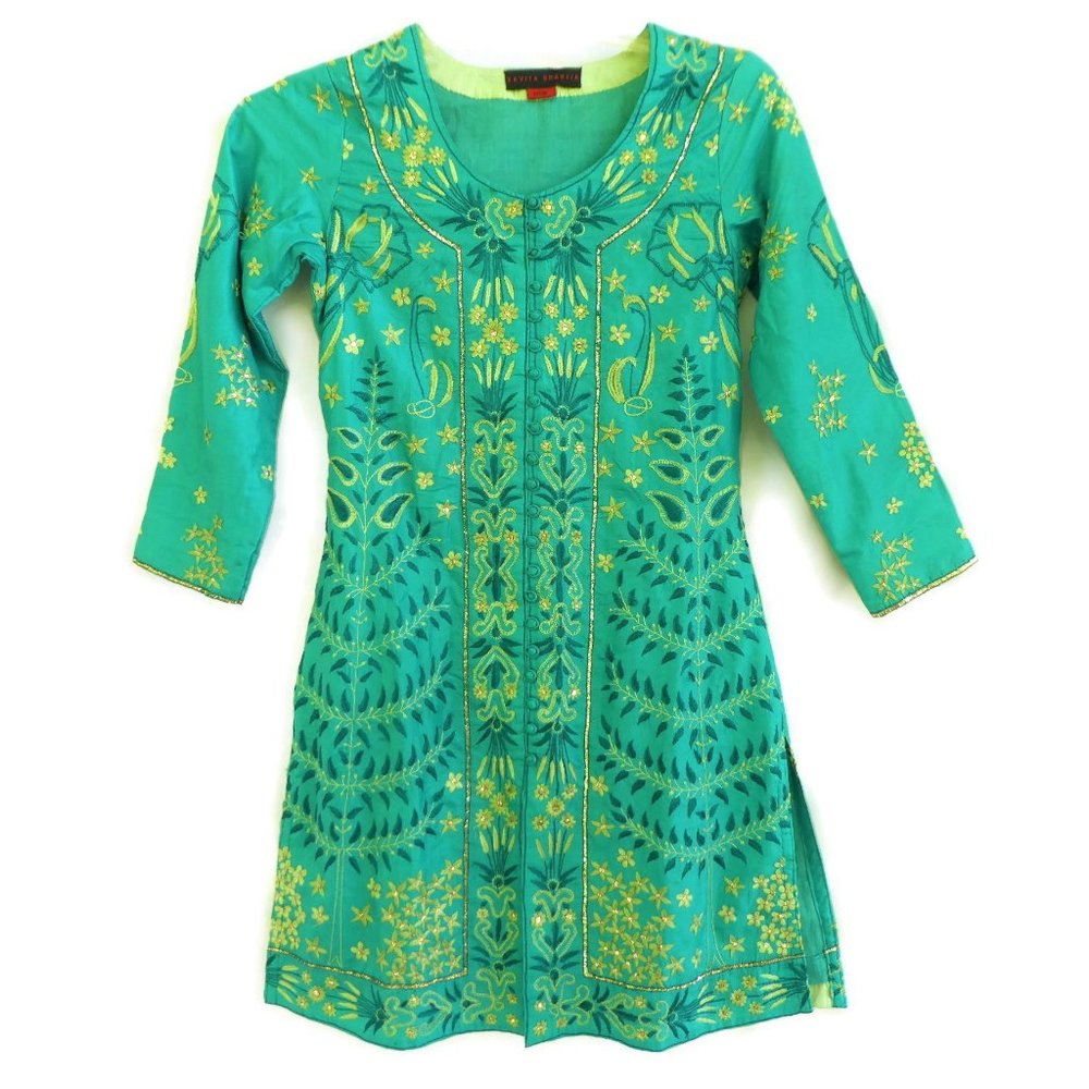 SiLK Kavita Bhartia Pullover Green Gold Embroidered Sequin Cotton Lined India